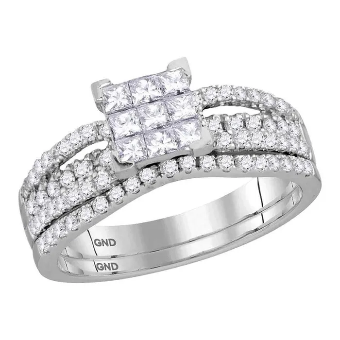 gndatlanta Rings 14k White Gold Princess Diamond Cluster Bridal Wedding Ring Set 1 Cttw