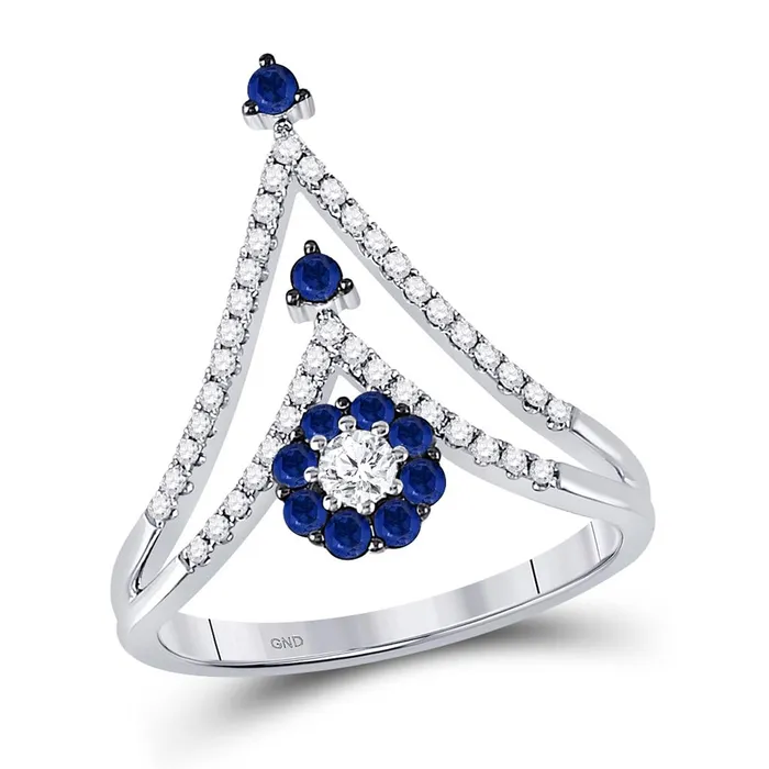 gndatlanta Rings 14k White Gold Round Blue Sapphire Chevron Band Ring 58 Cttw gndatlanta Rings 14k White Gold Round Blue Sapphire Chevron Band Ring 58 Cttw