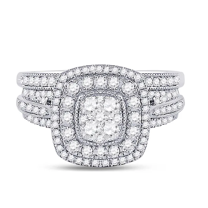 gndatlanta Rings 14k White Gold Round Diamond Cluster Bridal Wedding Ring Set 1 Cttw gndatlanta Rings 14k White Gold Round Diamond Cluster Bridal Wedding Ring Set 1 Cttw
