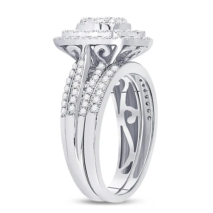 gndatlanta Rings 14k White Gold Round Diamond Cluster Bridal Wedding Ring Set 1 Cttw