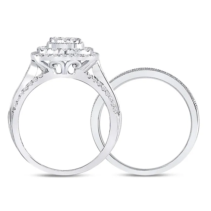 gndatlanta Rings 14k White Gold Round Diamond Cluster Bridal Wedding Ring Set 1 Cttw