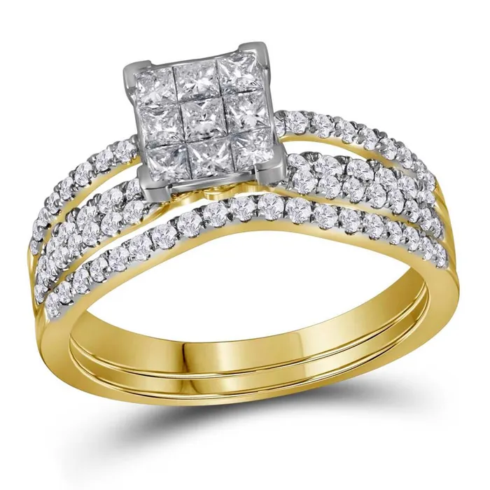 gndatlanta Rings 14k Yellow Gold Princess Diamond Cluster Bridal Wedding Ring Set 1 Cttw gndatlanta Rings 14k Yellow Gold Princess Diamond Cluster Bridal Wedding Ring Set 1 Cttw