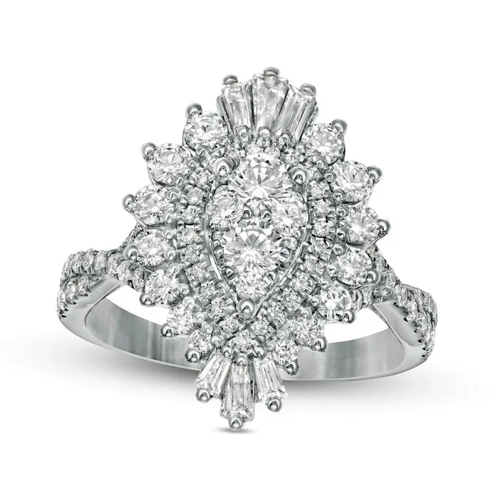 Goldia 15 CT TW Composite Natural Diamond Teardrop Starburst Frame Twist Shank Ring in Solid 14K White Gold Rings Goldia 15 CT TW Composite Natural Diamond Teardrop Starburst Frame Twist Shank Ring in Solid 14K White Gold Rings