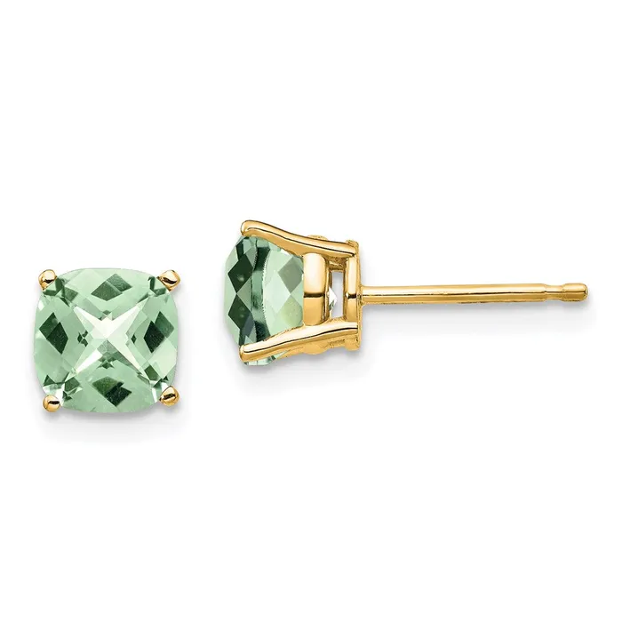 Goldia 14k Yellow Gold 6mm Cushion CheckerCut Green Quartz Earring Earrings