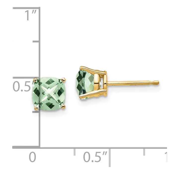 Goldia 14k Yellow Gold 6mm Cushion CheckerCut Green Quartz Earring Earrings