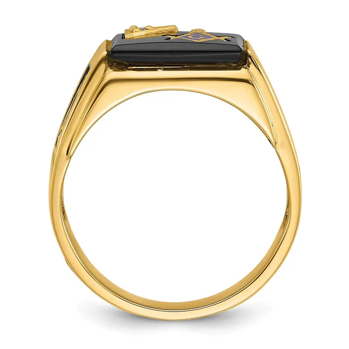 Goldia 14k Yellow Gold Mens Polished and Textured with Black Enamel Onyx and AA Quality Diamond Masonic Ring Rings