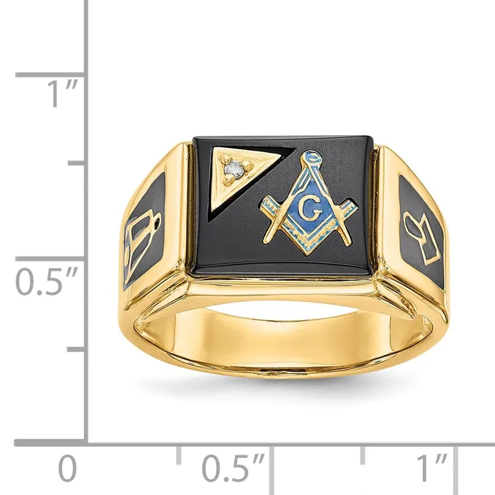 Goldia 14k Yellow Gold Mens Polished and Textured with Black Enamel Onyx and AA Quality Diamond Masonic Ring Rings