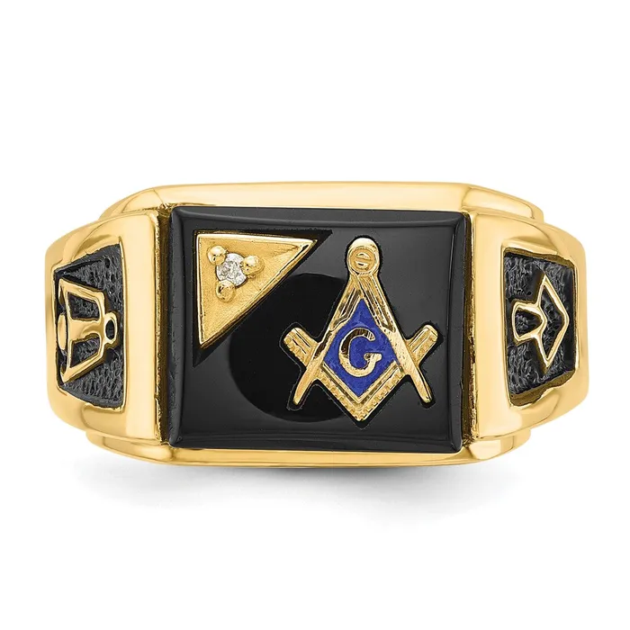 Goldia 14k Yellow Gold Mens Polished and Textured with Black Enamel Onyx and AA Quality Diamond Masonic Ring Rings
