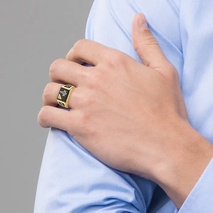 Goldia 14k Yellow Gold Mens Polished and Textured with Black Enamel Onyx and AA Quality Diamond Masonic Ring Rings
