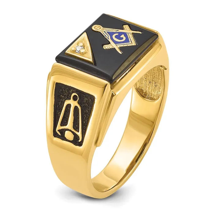 Goldia 14k Yellow Gold Mens Polished and Textured with Black Enamel Onyx and AA Quality Diamond Masonic Ring Rings