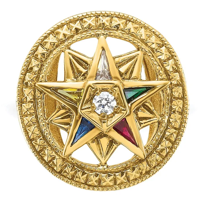 Goldia 14k Yellow Gold Womens Polished and Textured with Multicolor CZ and Diamond Eastern Star Masonic Ring Rings