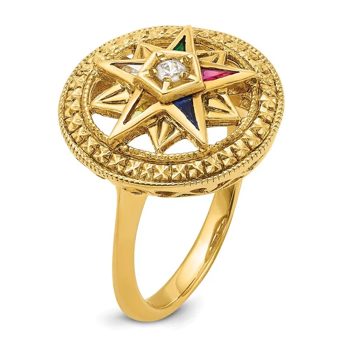 Goldia 14k Yellow Gold Womens Polished and Textured with Multicolor CZ and Diamond Eastern Star Masonic Ring Rings