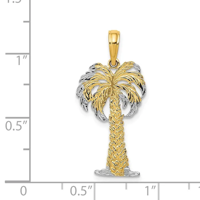 Goldia 14k Yellow Rhodium Gold w Rhodium Polished And Textured Palm Tree Pendant Necklaces