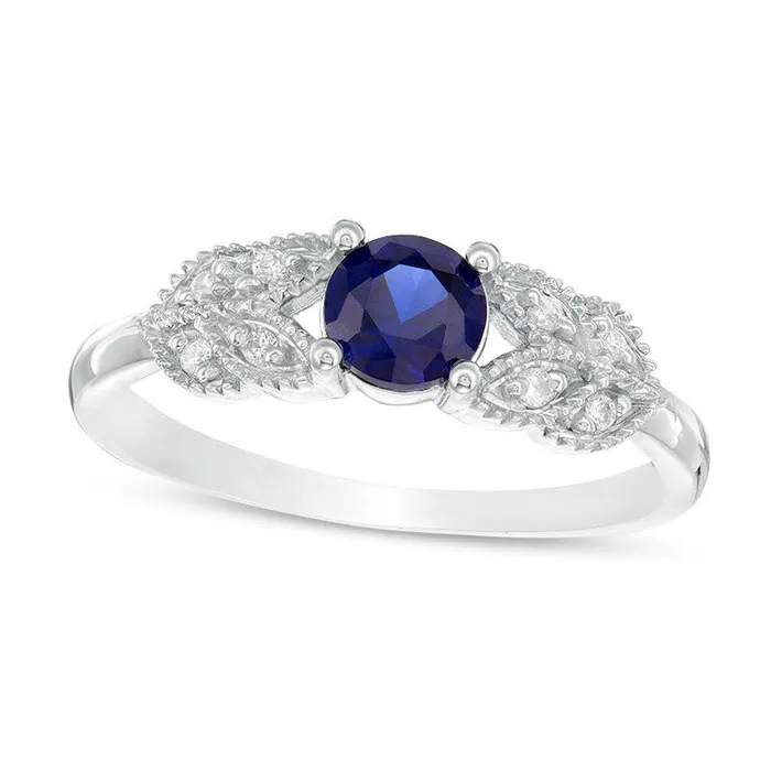 Goldia 50mm LabCreated Blue Sapphire and 005 CT TW Diamond LeafSides Antique VintageStyle Promise Ring in Solid 10K White Gold Rings Goldia 50mm LabCreated Blue Sapphire and 005 CT TW Diamond LeafSides Antique VintageStyle Promise Ring in Solid 10K White Gold Rings