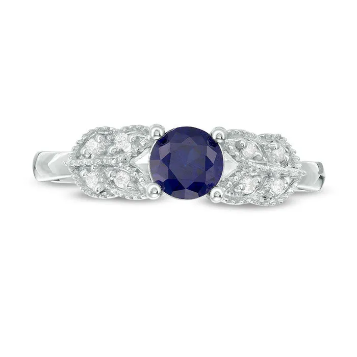 Goldia 50mm LabCreated Blue Sapphire and 005 CT TW Diamond LeafSides Antique VintageStyle Promise Ring in Solid 10K White Gold Rings Goldia 50mm LabCreated Blue Sapphire and 005 CT TW Diamond LeafSides Antique VintageStyle Promise Ring in Solid 10K White Gold Rings