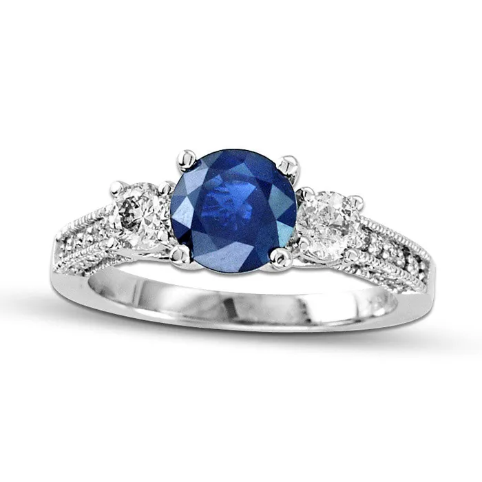 Goldia 65mm Blue Sapphire and 050 CT TW Natural Diamond Engagement Three Stone Ring in Solid 14K White Gold Rings Goldia 65mm Blue Sapphire and 050 CT TW Natural Diamond Engagement Three Stone Ring in Solid 14K White Gold Rings