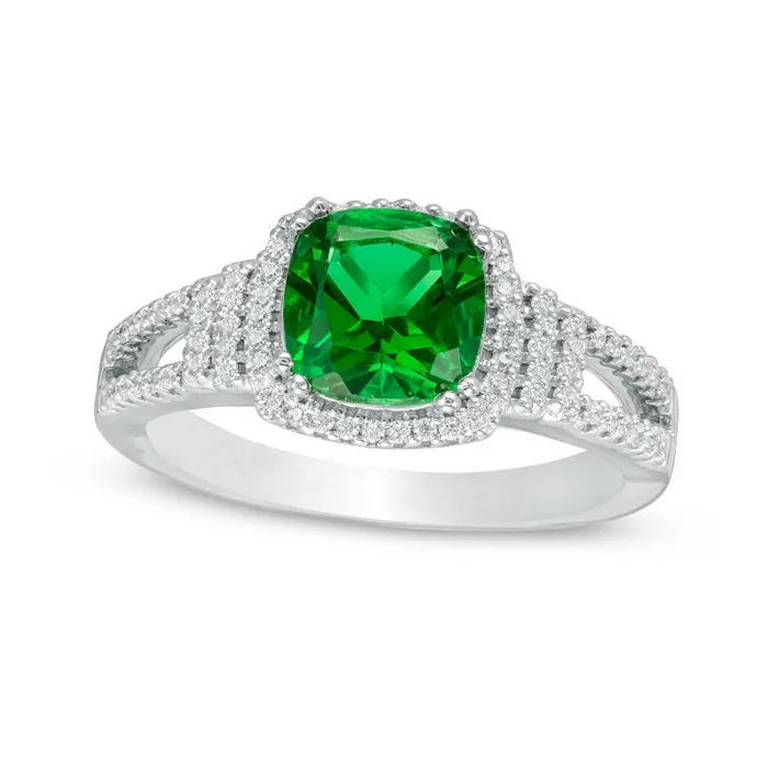 Goldia 70mm CushionCut LabCreated Emerald and 020 CT TW Diamond Collar Engagement Ring in Sterling Silver Rings Goldia 70mm CushionCut LabCreated Emerald and 020 CT TW Diamond Collar Engagement Ring in Sterling Silver Rings