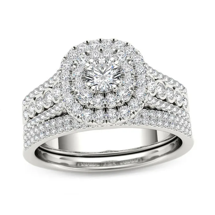 Goldiacom 1 CT TW Diamond Double Cushion Frame MultiRow Bridal Engagement Ring Set in 14K White Gold Rings Goldiacom 1 CT TW Diamond Double Cushion Frame MultiRow Bridal Engagement Ring Set in 14K White Gold Rings