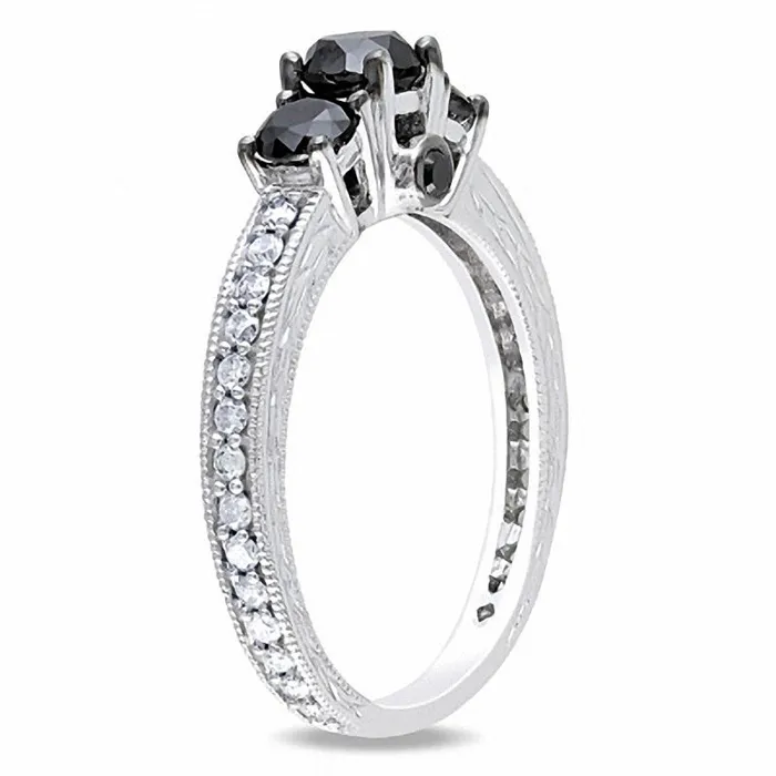 Goldiacom Rings 114 CT TW Enhanced Black and White Diamond Three Stone Engagement Ring in 14K White Gold Goldiacom Rings 114 CT TW Enhanced Black and White Diamond Three Stone Engagement Ring in 14K White Gold