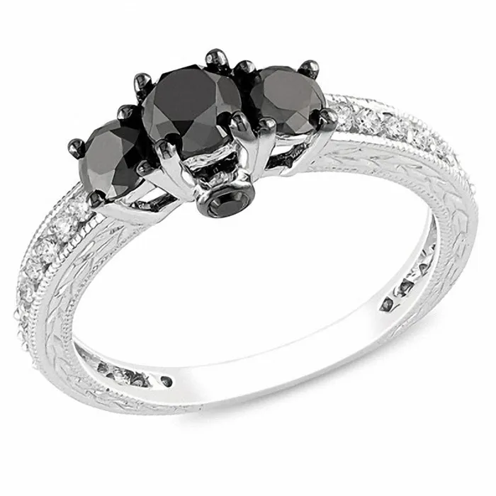 Goldiacom Rings 114 CT TW Enhanced Black and White Diamond Three Stone Engagement Ring in 14K White Gold