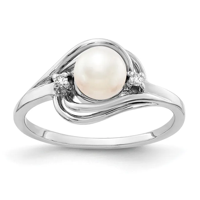 Goldiacom Rings 14k White Gold 55mm FW Cultured Pearl AA Real Diamond ring