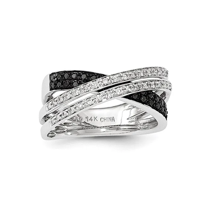 Goldiacom Rings 14K White Gold BlackWhite Real Diamond Open Criss Cross Ring