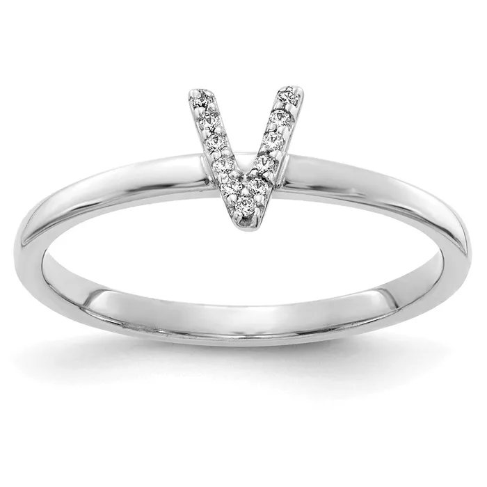 Goldiacom Rings 14k White Gold Real Diamond Initial V Ring