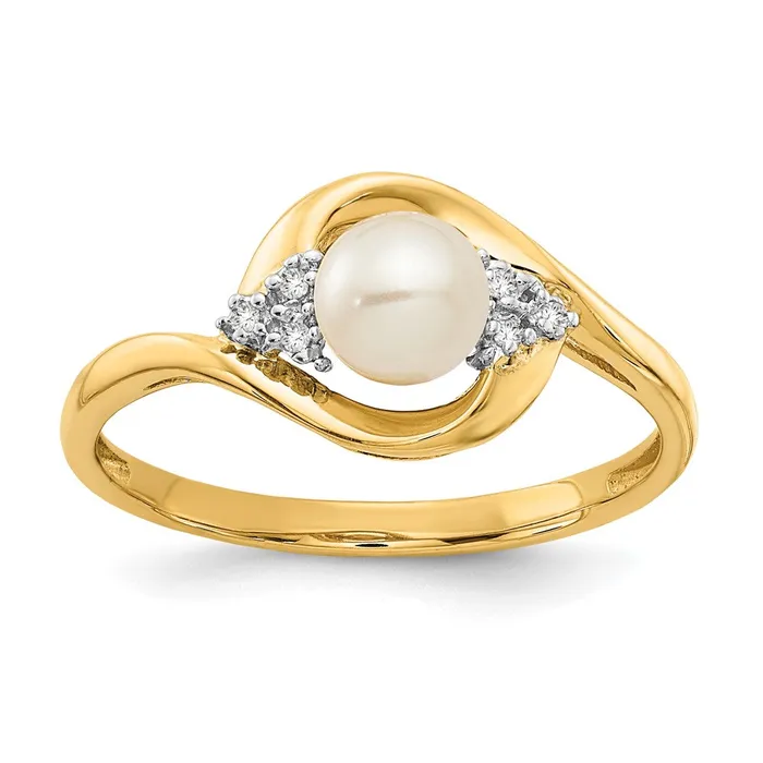 Goldiacom Rings 14K Yellow Gold FW Cultured Pearl and Real Diamond Ring