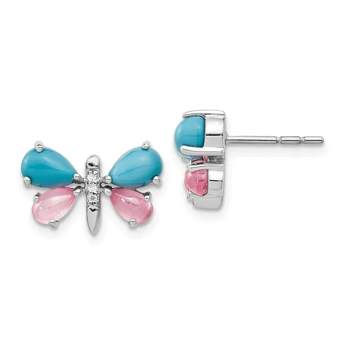 Goldia Earrings 14k White Gold Real DiamondTurquoiseRose Quartz Butterfly Earrings
