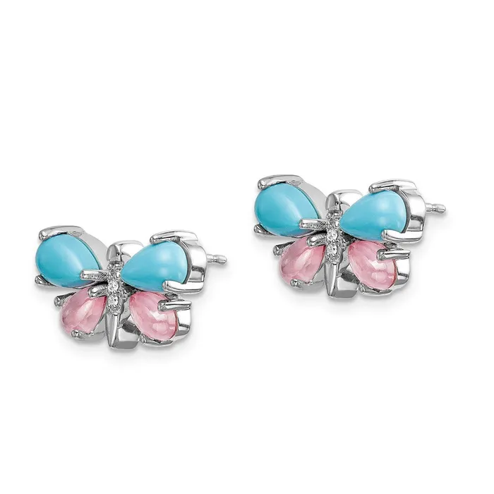 Goldia Earrings 14k White Gold Real DiamondTurquoiseRose Quartz Butterfly Earrings