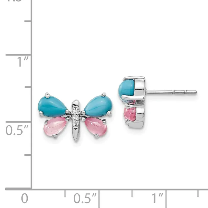 Goldia Earrings 14k White Gold Real DiamondTurquoiseRose Quartz Butterfly Earrings