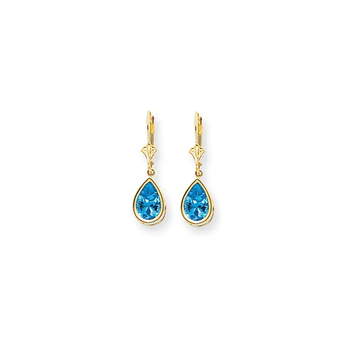 Goldia Earrings 14k Yellow Gold 10x7mm Pear Blue Topaz Checker leverback Earrings