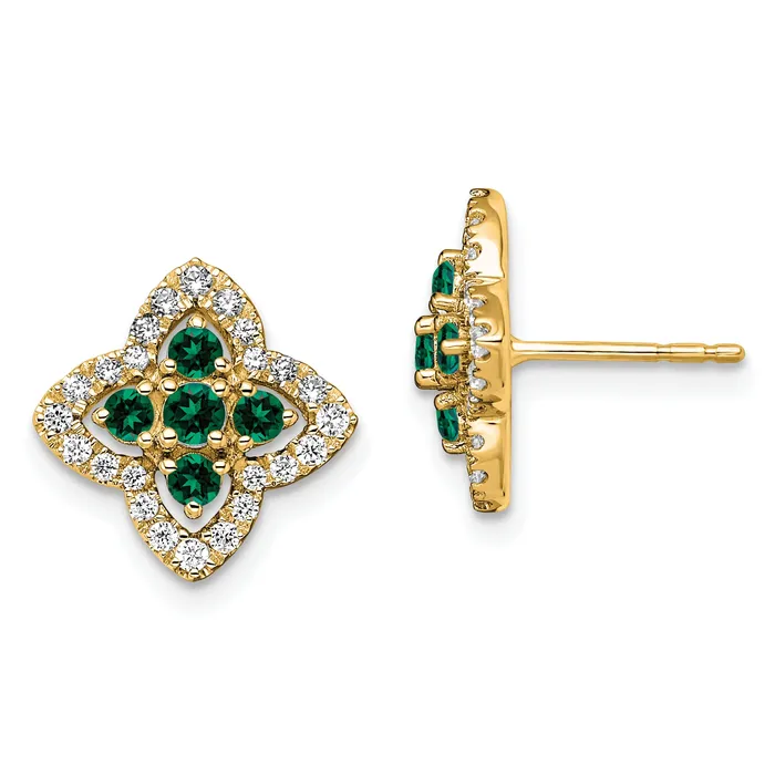 Goldia Earrings 14k Yellow Gold Lab Grown VSSI FGH Diamond and Created Emerald Earrings