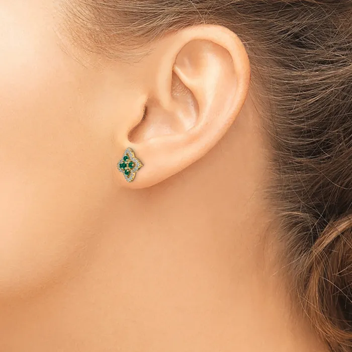 Goldia Earrings 14k Yellow Gold Lab Grown VSSI FGH Diamond and Created Emerald Earrings