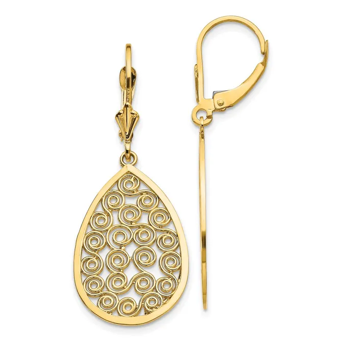 Goldia Earrings 14k Yellow Gold Teardrop Filigree Dangle Leverback Earrings