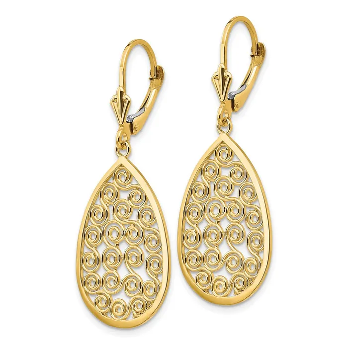 Goldia Earrings 14k Yellow Gold Teardrop Filigree Dangle Leverback Earrings