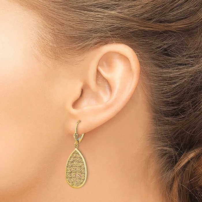 Goldia Earrings 14k Yellow Gold Teardrop Filigree Dangle Leverback Earrings