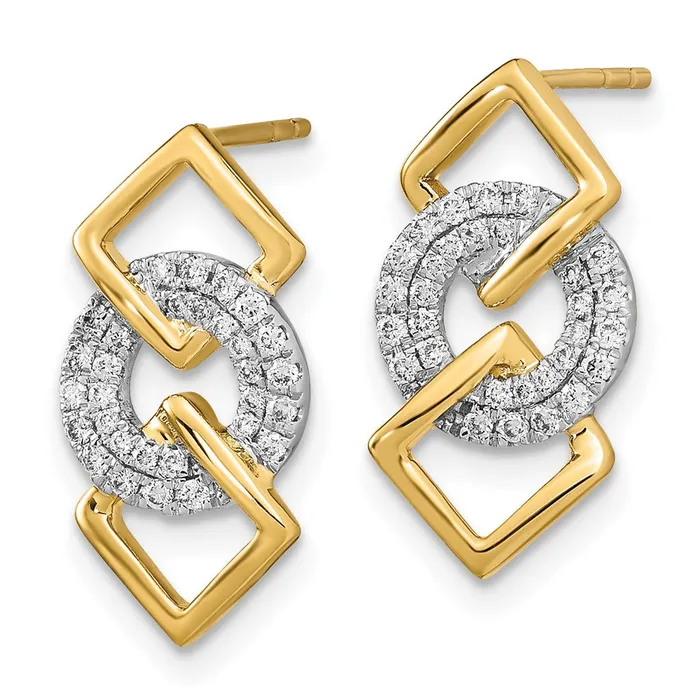 Goldia Earrings 14k Yellow Gold Twotone Polished Real Diamond Circle and 2 Square Post Earrings