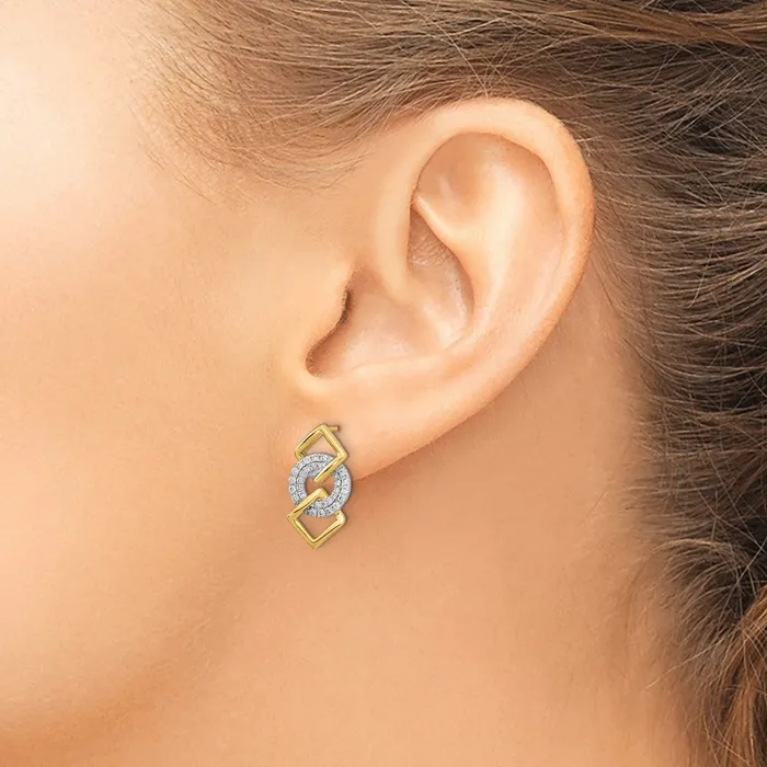 Goldia Earrings 14k Yellow Gold Twotone Polished Real Diamond Circle and 2 Square Post Earrings
