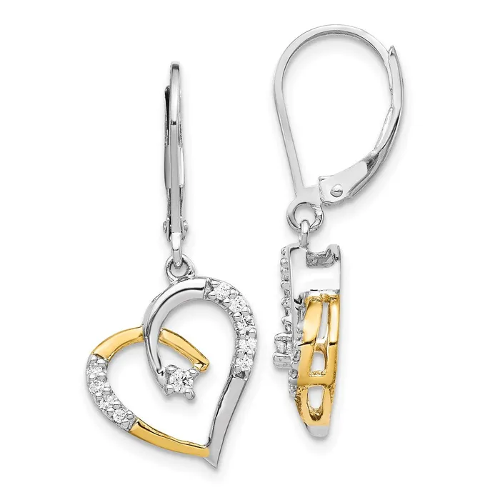 Goldia Earrings 14k Yellow Gold Yellow and White Gold Real Diamond Heart Leverback Earrings