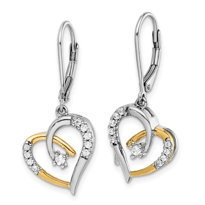 Goldia Earrings 14k Yellow Gold Yellow and White Gold Real Diamond Heart Leverback Earrings