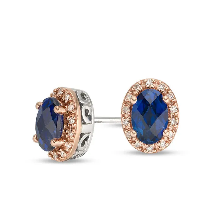 Goldia Earrings Checkerboard Oval LabCreated Blue Sapphire and 007 CT TW Diamond Frame Stud Earrings in 10K TwoTone Gold Goldia Earrings Checkerboard Oval LabCreated Blue Sapphire and 007 CT TW Diamond Frame Stud Earrings in 10K TwoTone Gold