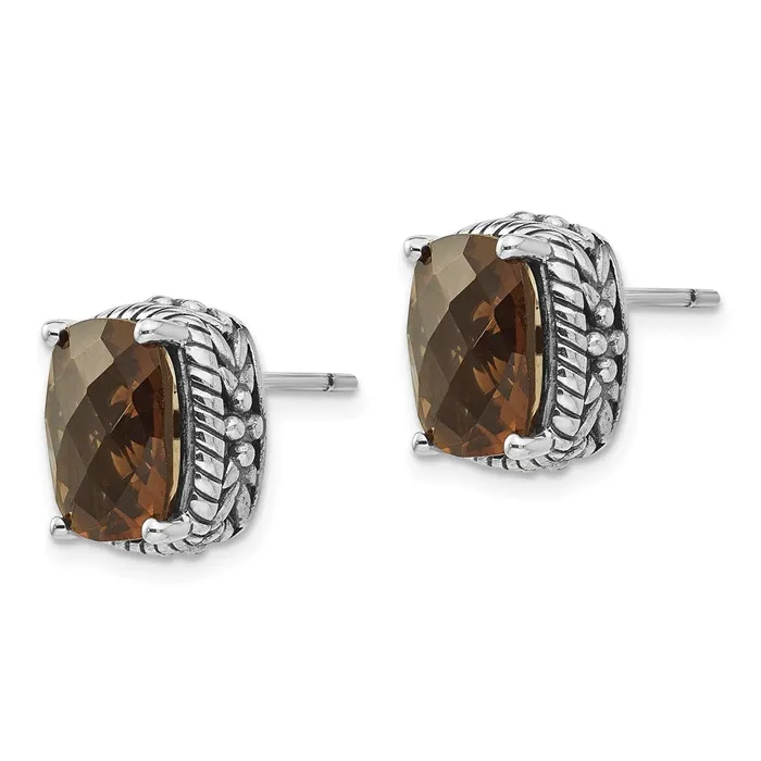 Goldia Earrings Shey Couture Sterling Silver Antiqued Cushion Checkerboard Smoky Quartz Post Earrings