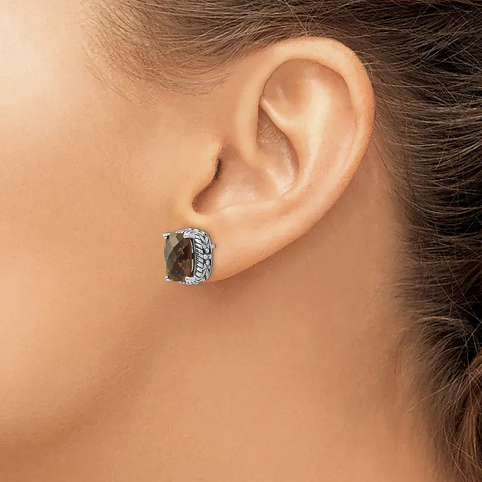 Goldia Earrings Shey Couture Sterling Silver Antiqued Cushion Checkerboard Smoky Quartz Post Earrings