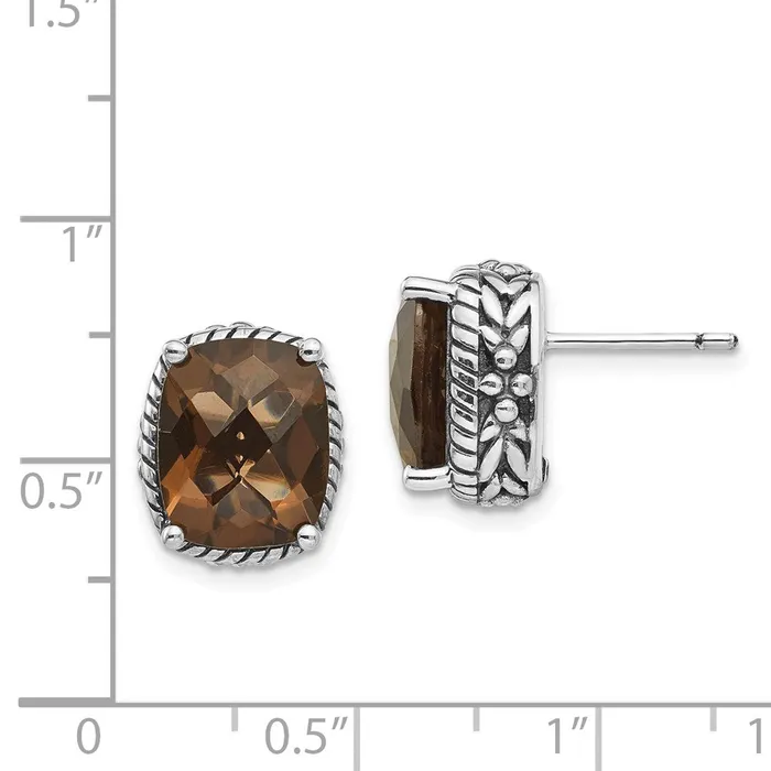 Goldia Earrings Shey Couture Sterling Silver Antiqued Cushion Checkerboard Smoky Quartz Post Earrings