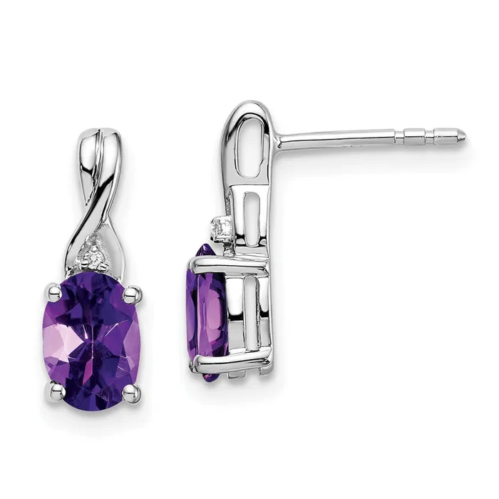Goldia Earrings Solid 14k White Gold Oval Simulated Amethyst and CZ Earrings