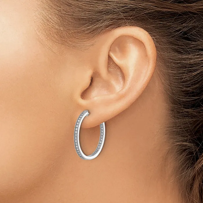 Goldia Earrings Solid 14k White Gold Polished Simulated CZ InOut Hinged Hoop Earrings