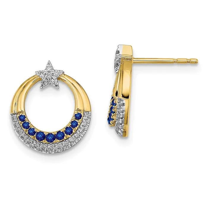 Goldia Earrings Solid 14k Yellow Gold Polished Simulated Sapphire and CZ Star Circle Post Earrings