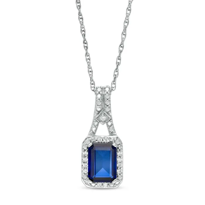 Goldia EmeraldCut LabCreated Blue Sapphire and 005 CT TW Diamond Frame Drop Pendant in Sterling Silver Earrings Goldia EmeraldCut LabCreated Blue Sapphire and 005 CT TW Diamond Frame Drop Pendant in Sterling Silver Earrings