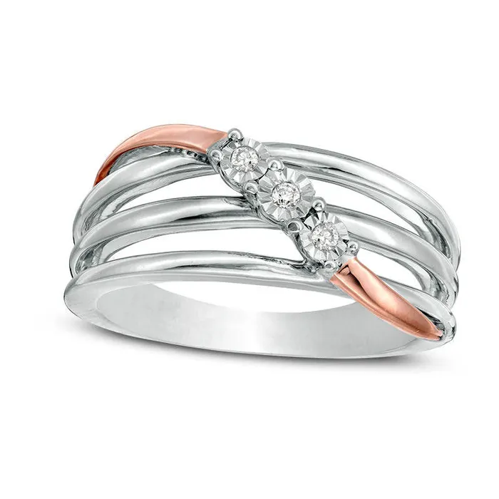 Goldia Natural Diamond Accent Three Stone Wave Crossover Open MultiRow Ring in Sterling Silver and Solid 10K Rose Gold Rings Goldia Natural Diamond Accent Three Stone Wave Crossover Open MultiRow Ring in Sterling Silver and Solid 10K Rose Gold Rings